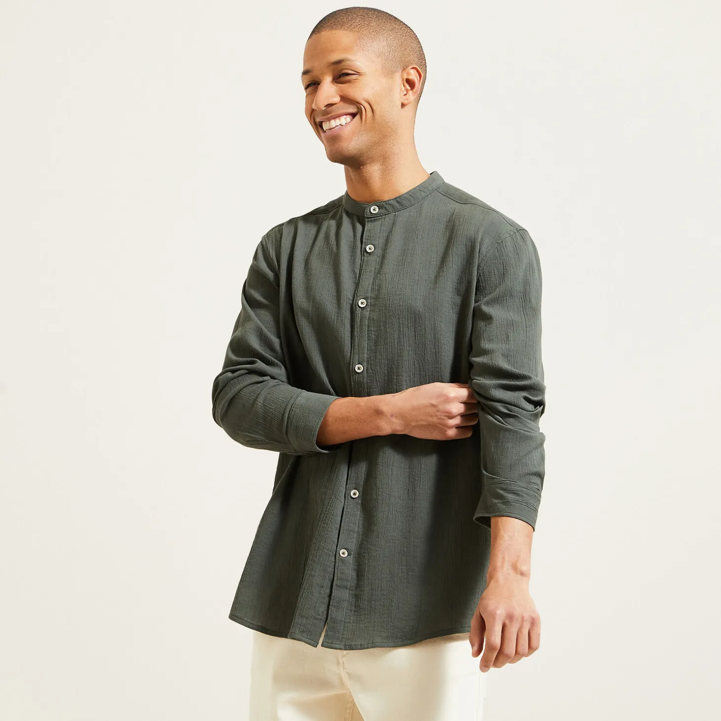 Sale Regular effen hemd in gekreukte stof van katoen en Overhemd