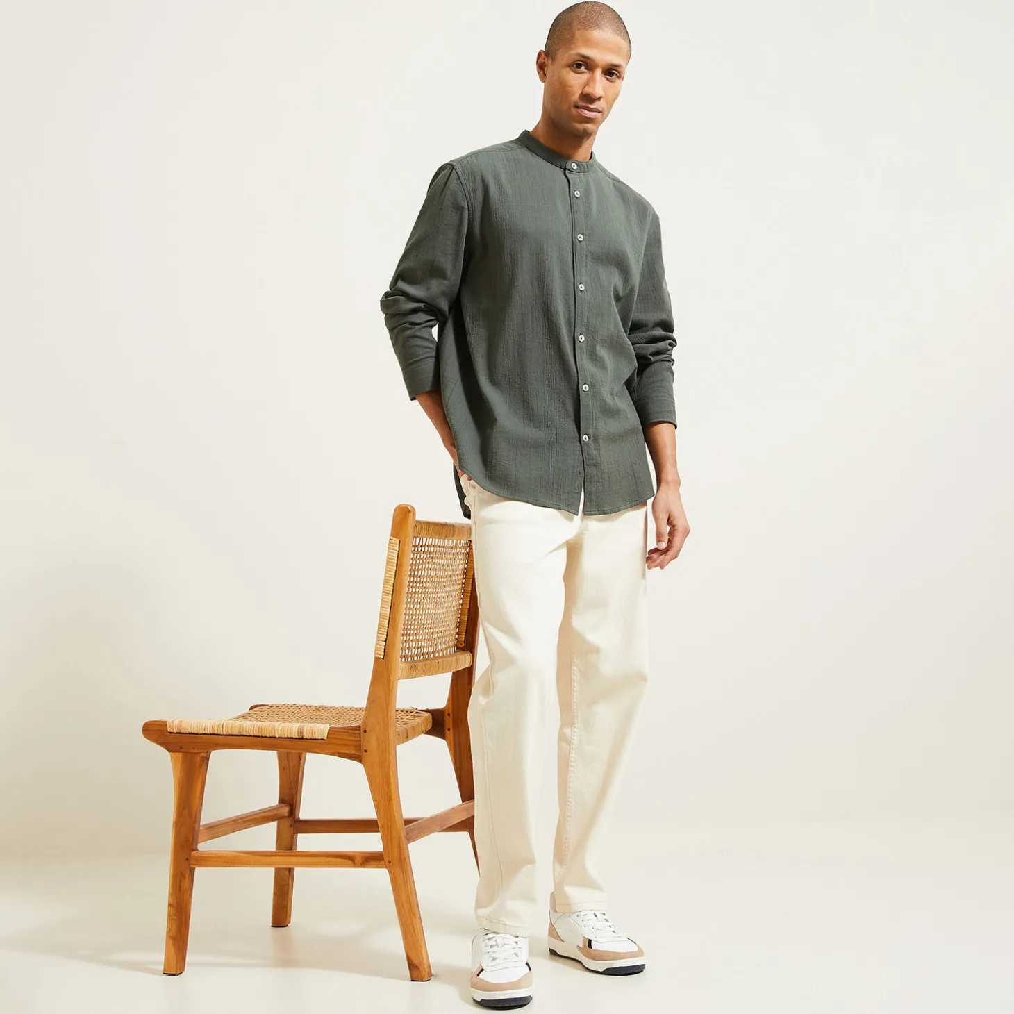 Sale Regular effen hemd in gekreukte stof van katoen en Overhemd