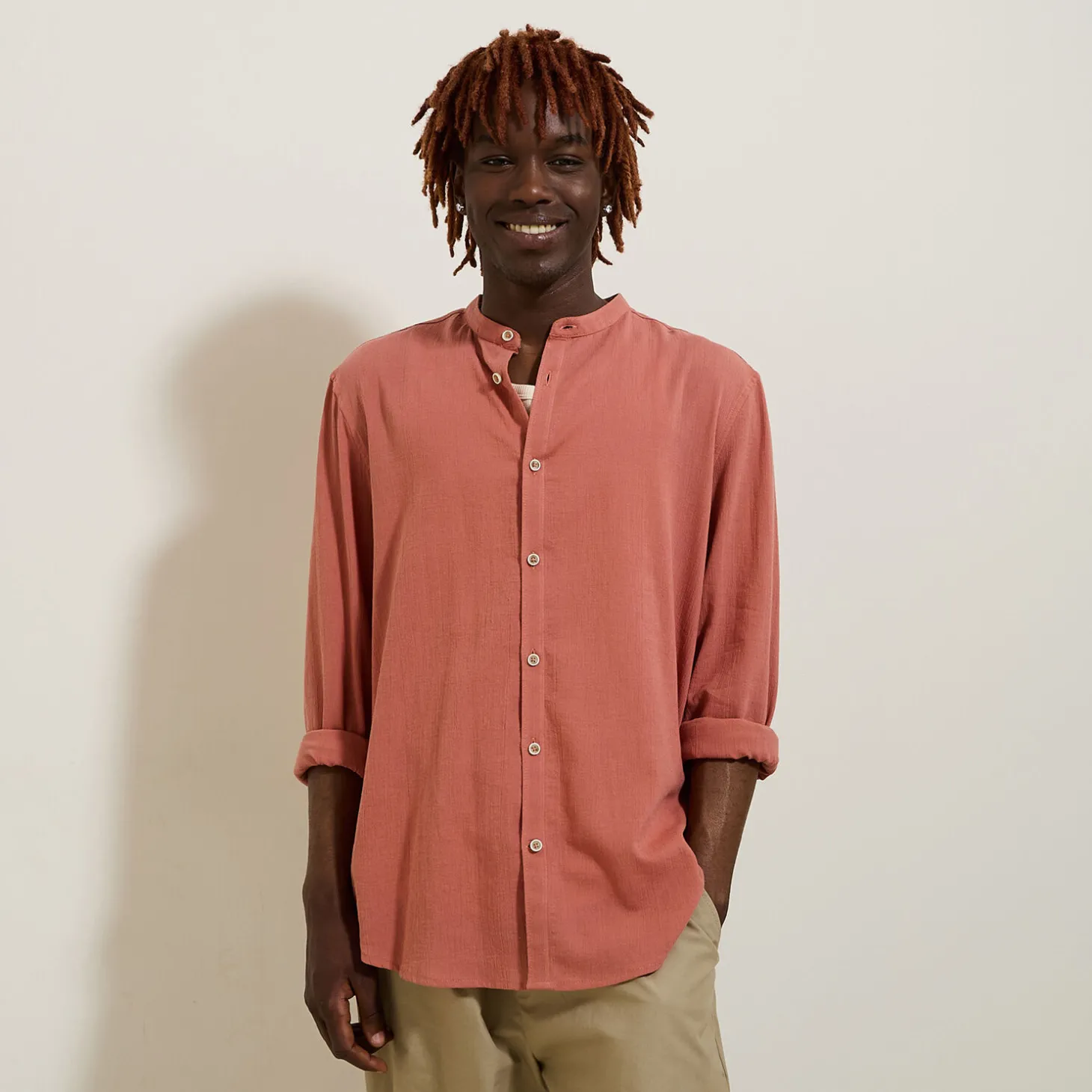 Cheap Regular effen hemd in gekreukte stof van katoen en Overhemd