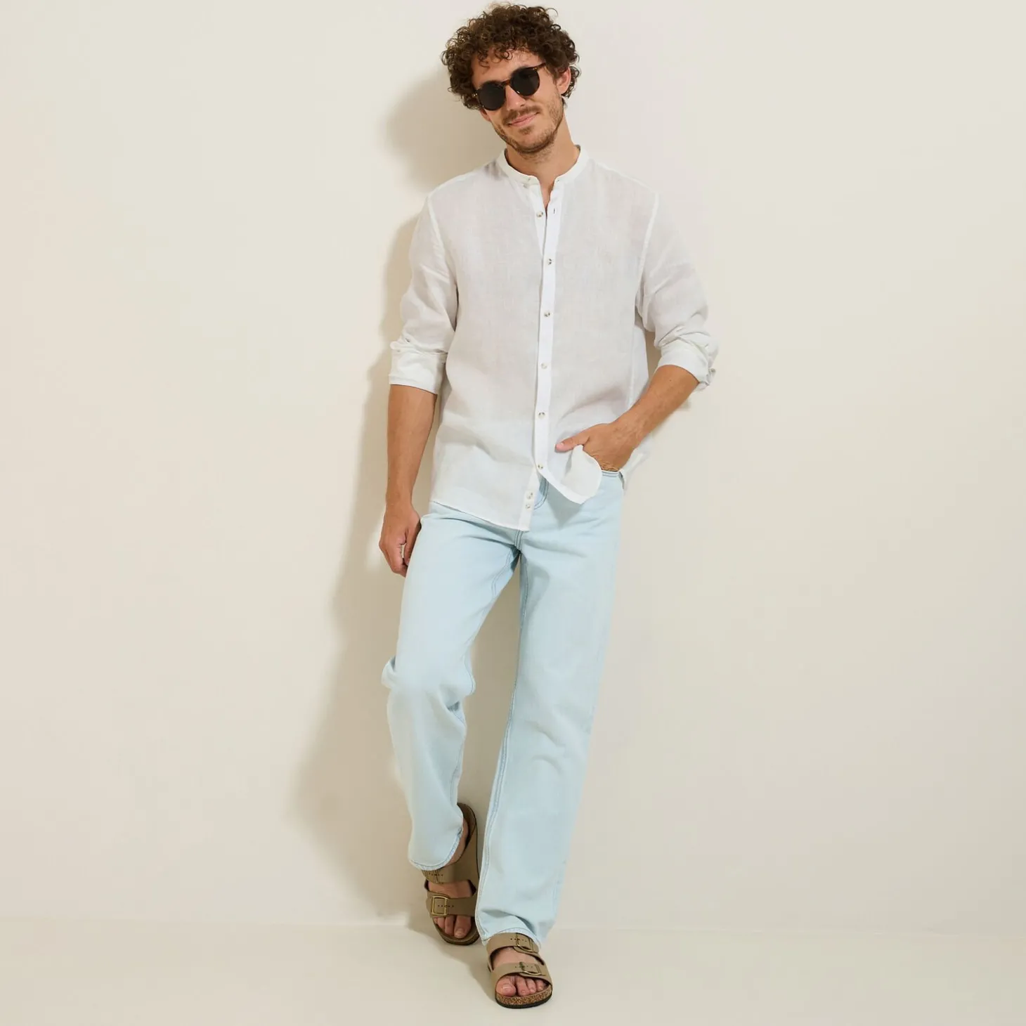 Sale Regular effen hemd in linnen met mao-kraag Overhemd