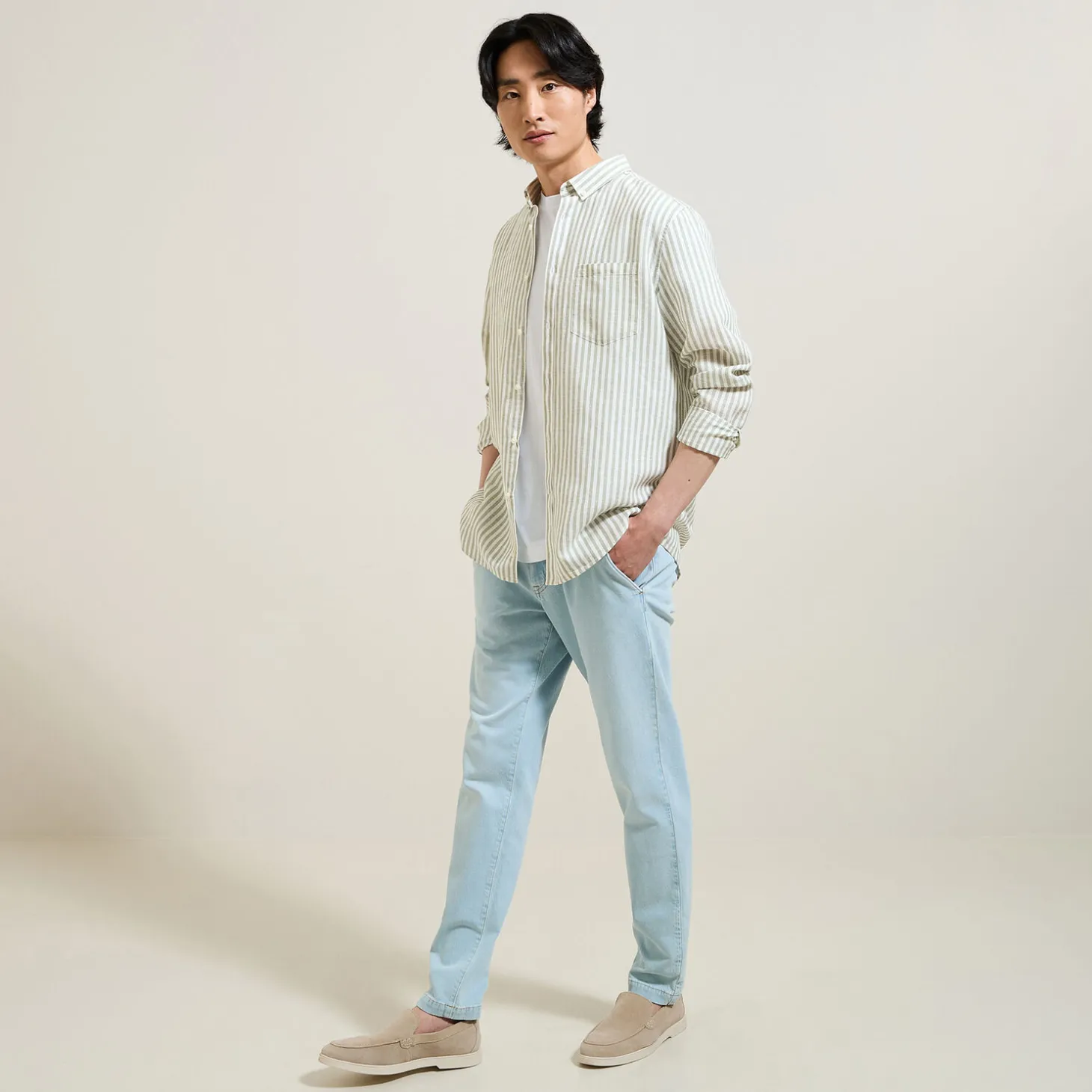 Clearance Regular gestreept hemd in katoen en linnen Overhemd