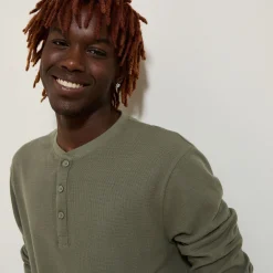 Outlet T-shirt met Tunesische kraag in wafelstof T-shirt