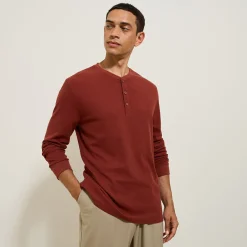 Store T-shirt met Tunesische kraag in wafelstof T-shirt